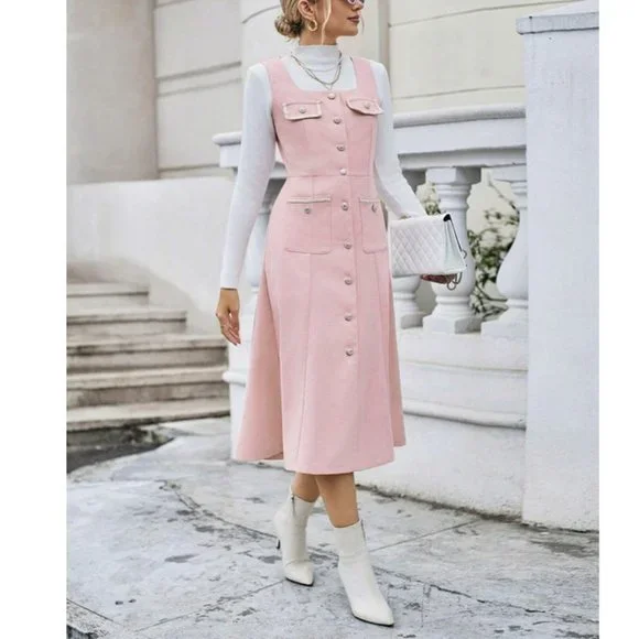 Flap Pocket Button Front Midi Dress  Pink - Picture 4 of 6